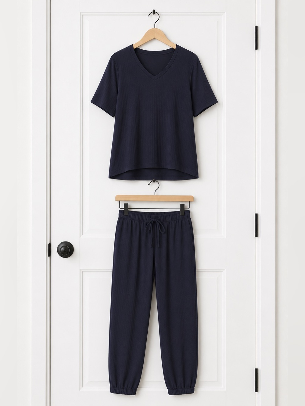 Navy V-Neck Ribbed Loungewear Set - Top, Shorts & Jogger Pants Sz L